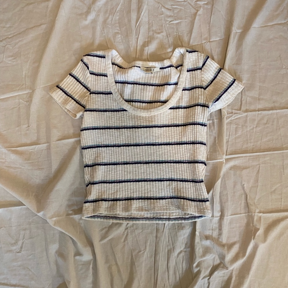 Blue, pink, and white striped crop top(: